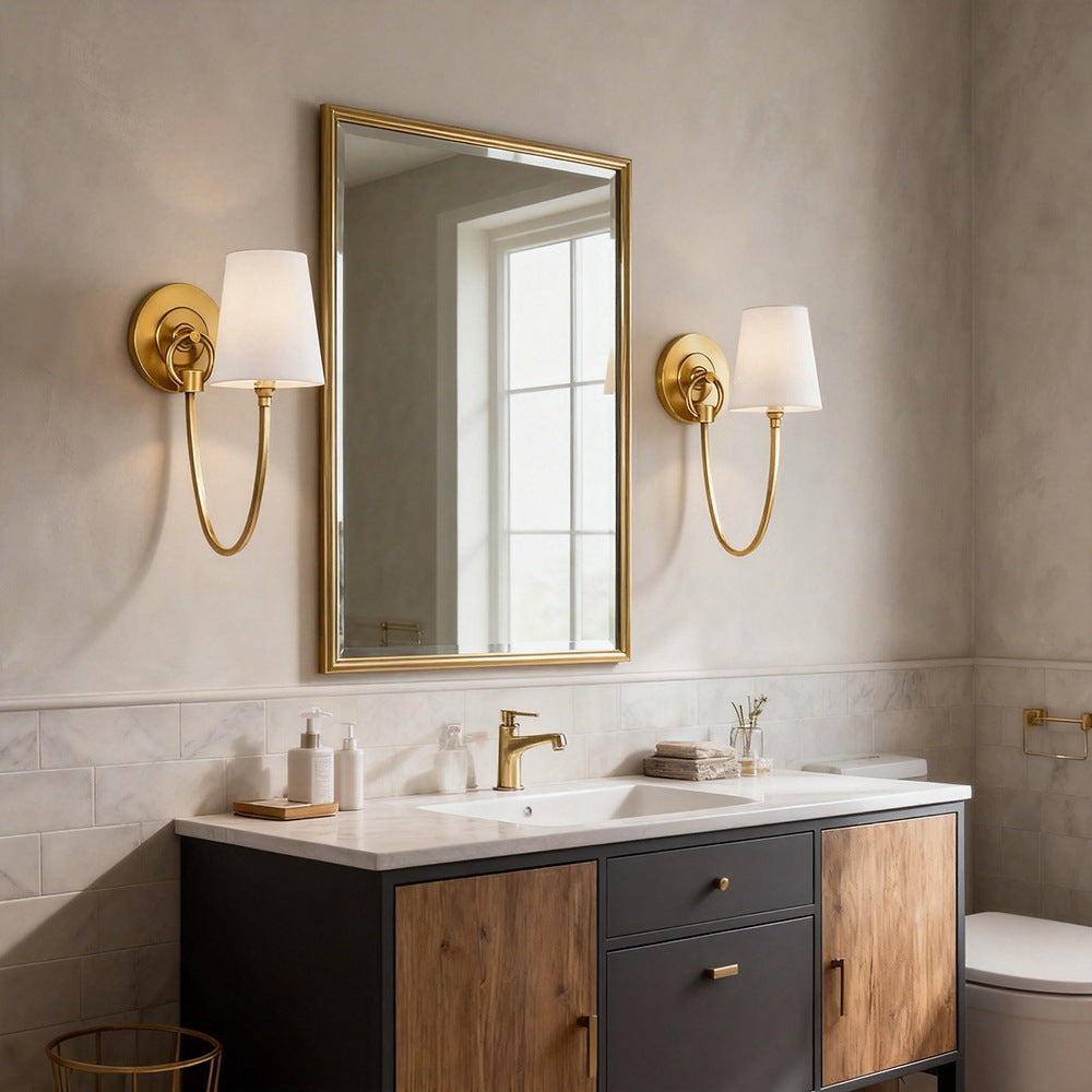Zetecia Vintage Brass Wall Light Fabric Shade LED Wall Sconce