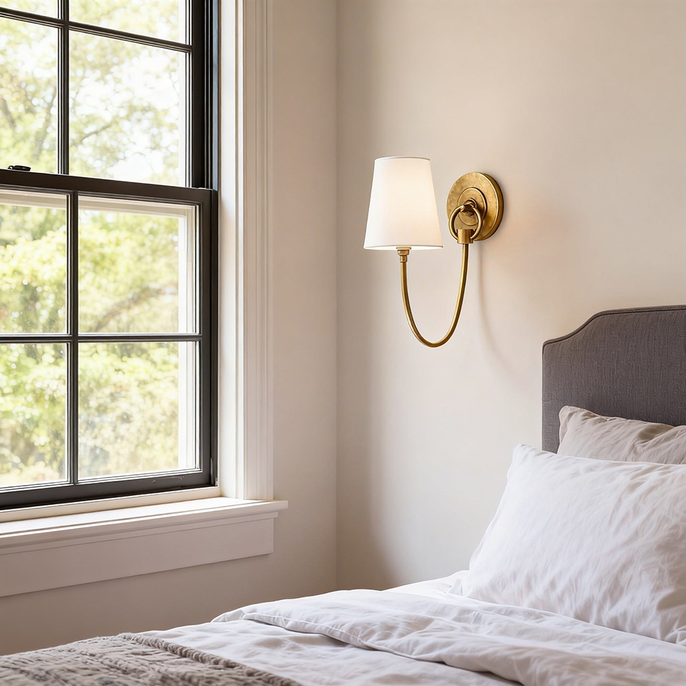 Zetecia Vintage Brass Wall Light Fabric Shade LED Wall Sconce